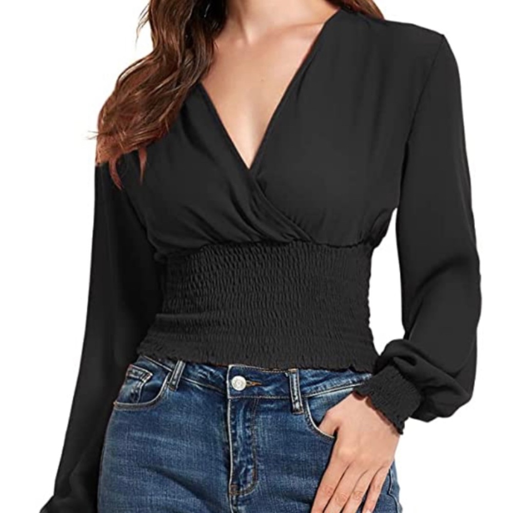 Black Long Sleeve Cropped Blouse